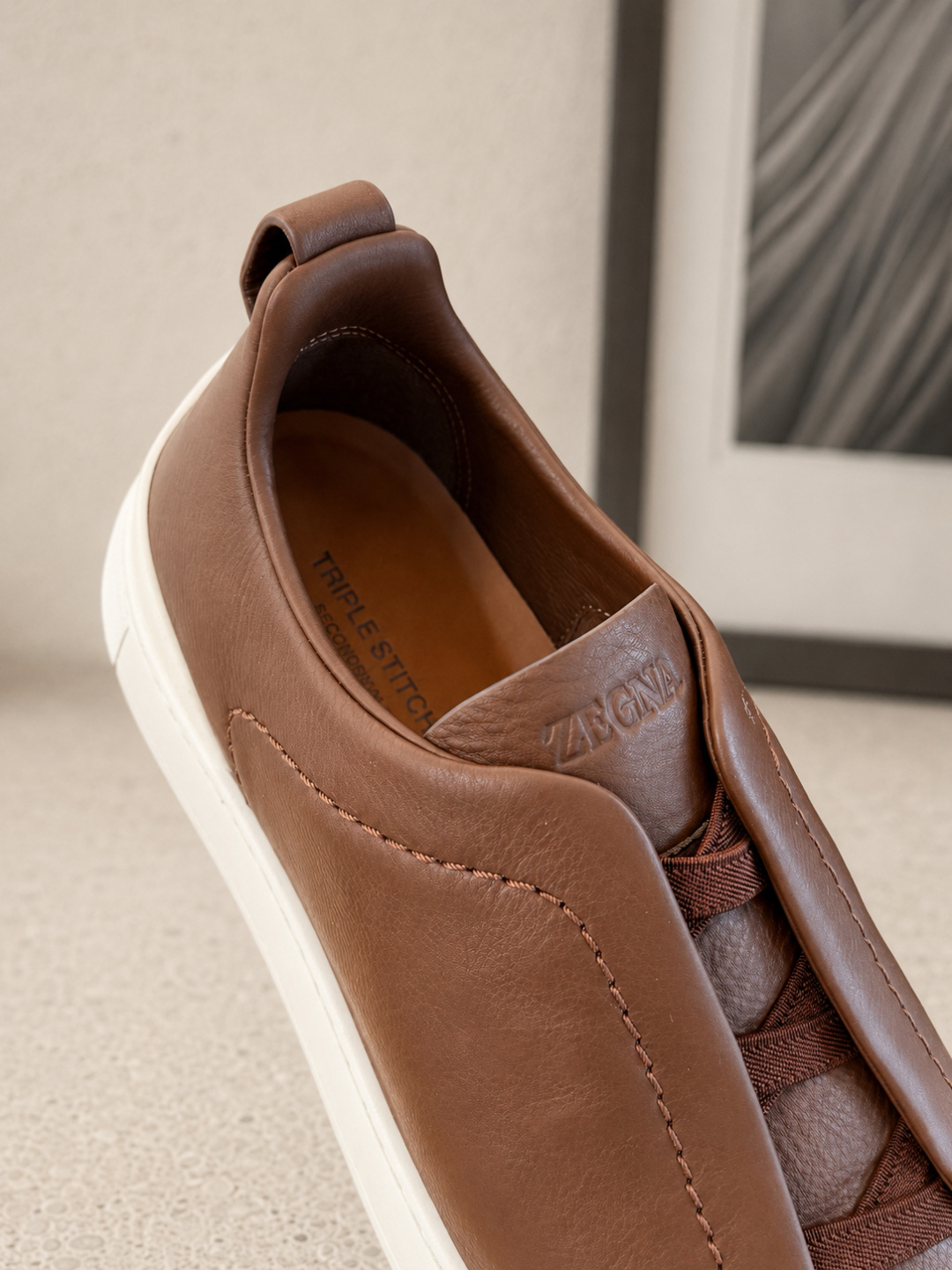 Zegna Brown Leather Slip-On Sneakers