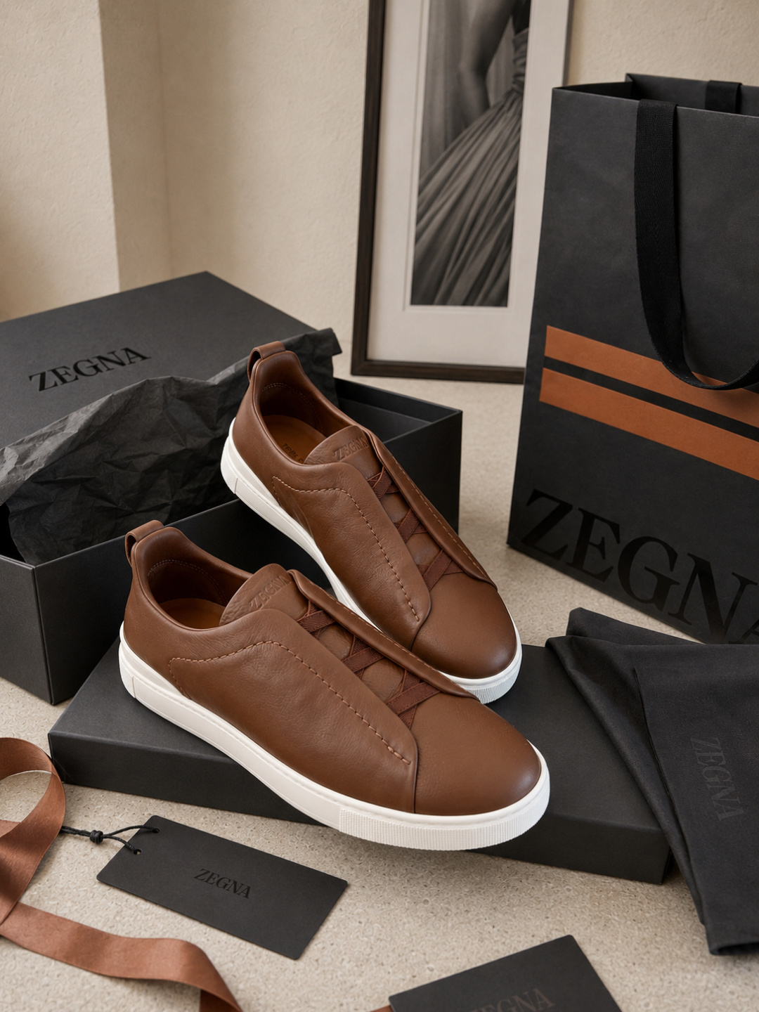 Zegna Brown Leather Slip-On Sneakers