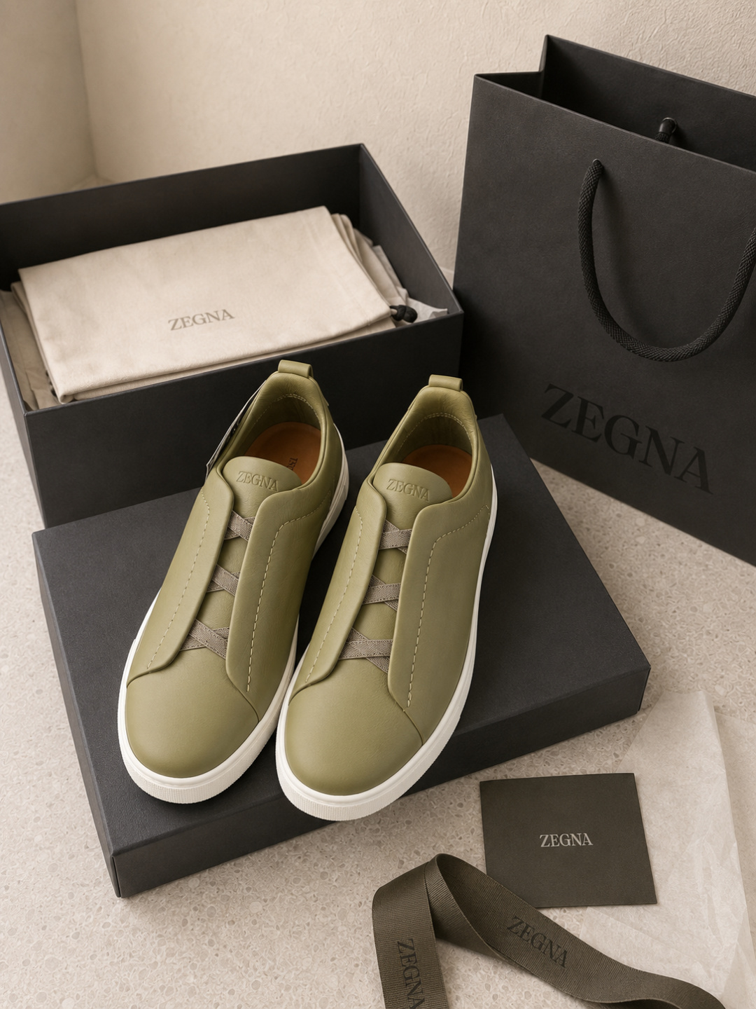 Zegna Brown Leather Slip-On Sneakers