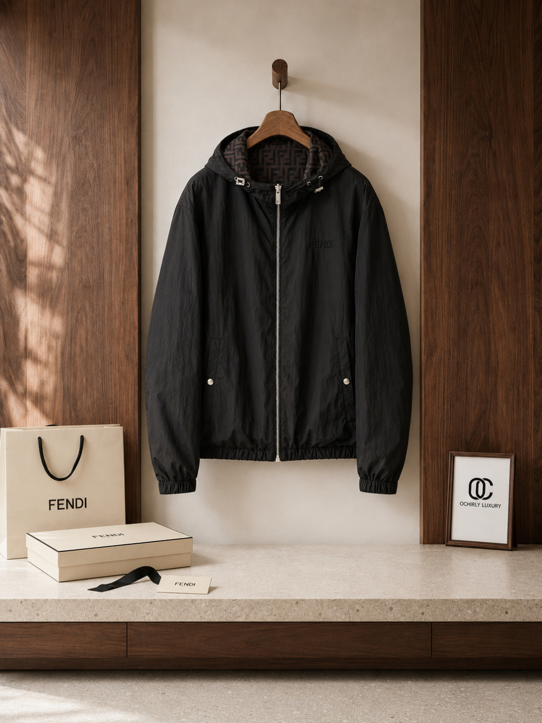 Fendi FF Pattern Hooded Windbreaker Jacket