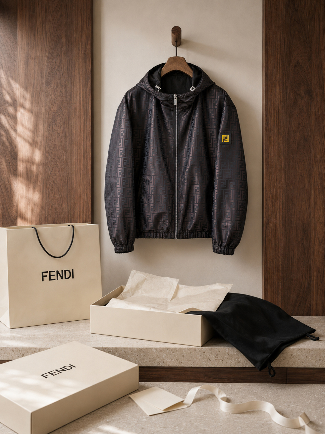 Fendi FF Pattern Hooded Windbreaker Jacket