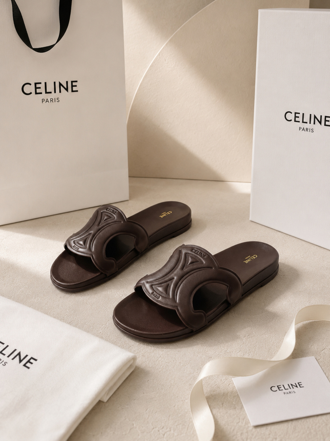 celine triomphe brown slide sandals