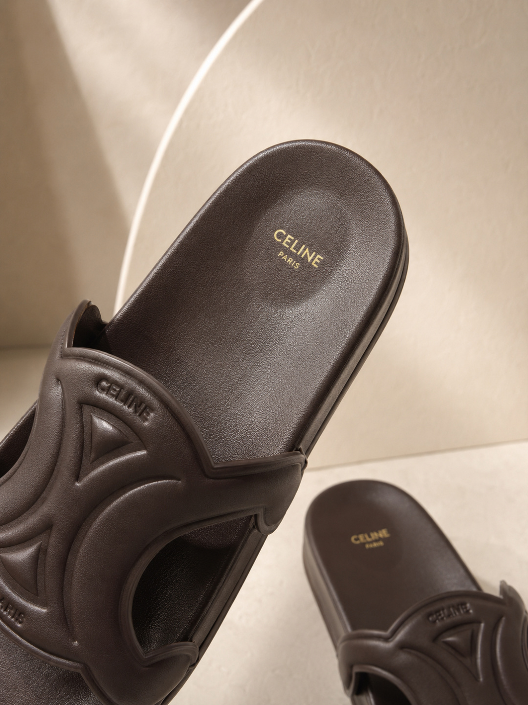 celine triomphe brown slide sandals