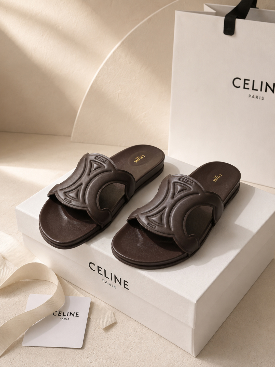 celine triomphe brown slide sandals