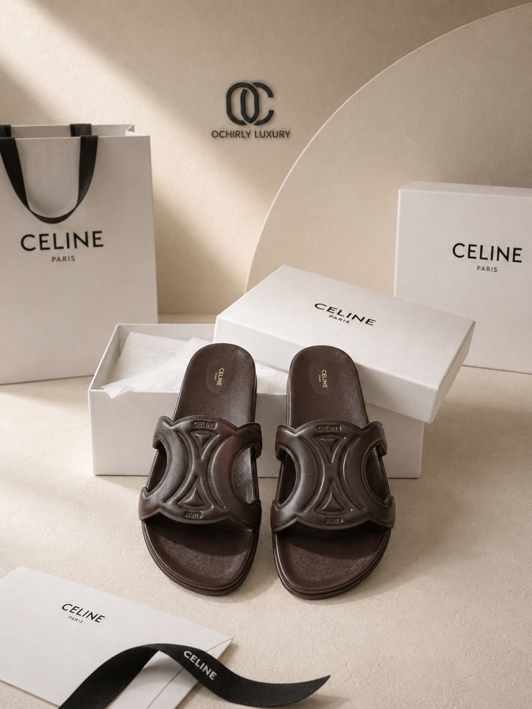 celine triomphe brown slide sandals