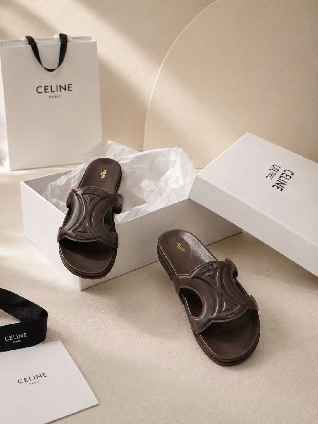 celine triomphe brown slide sandals