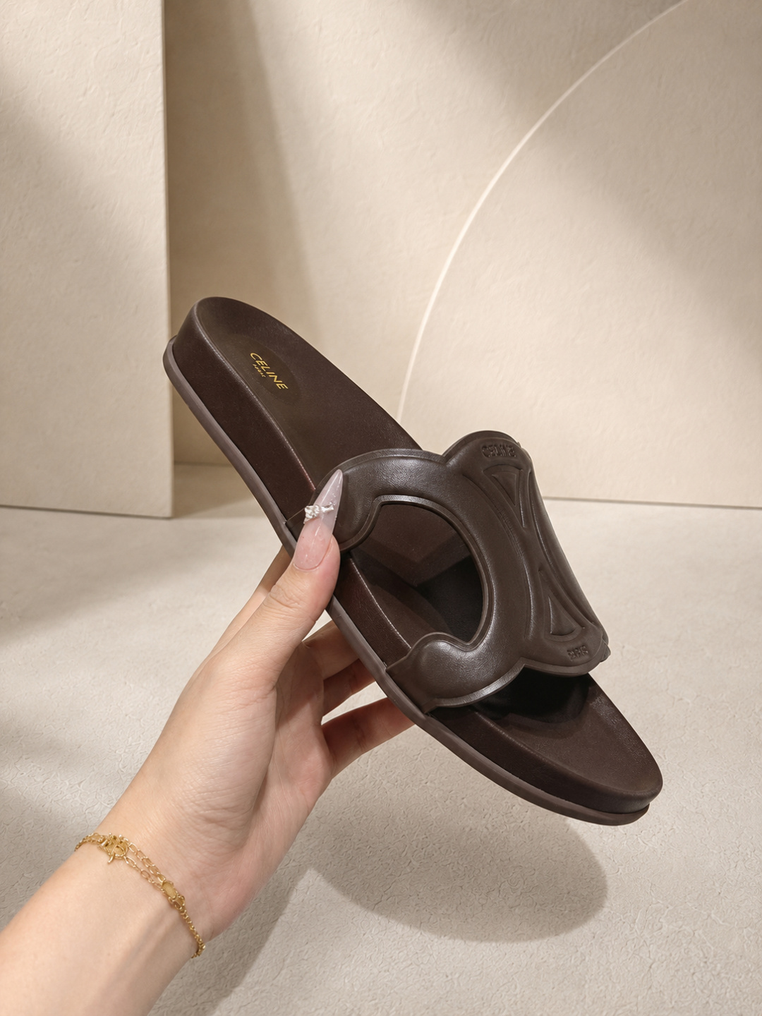celine triomphe brown slide sandals