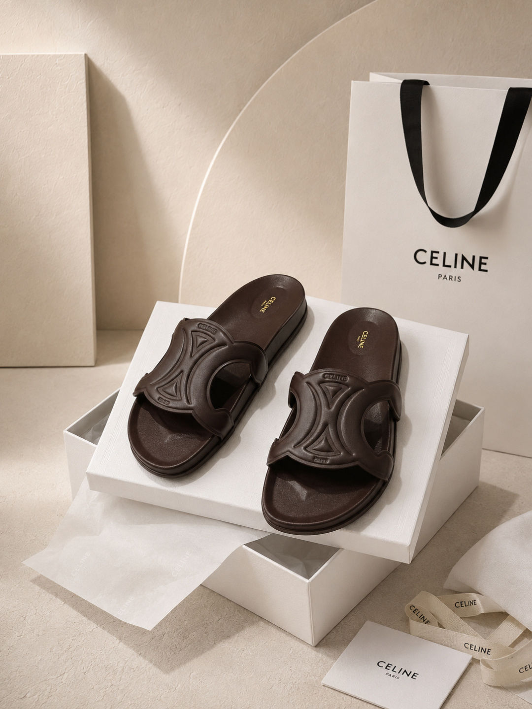 celine triomphe brown slide sandals