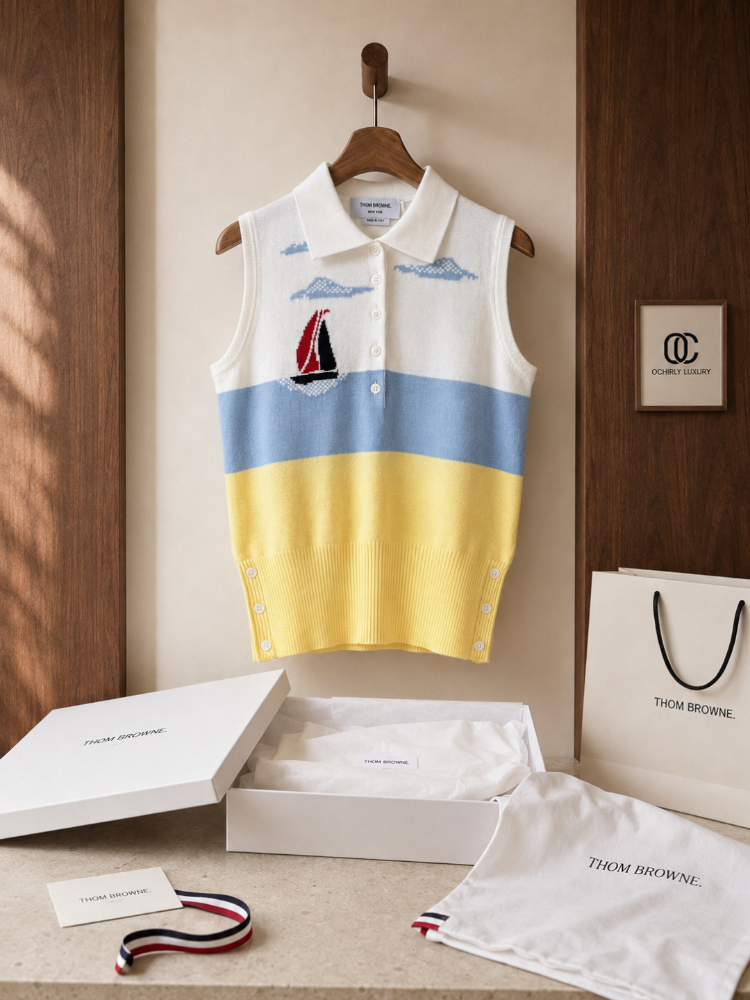 thom browne sailing boat intarsia knit vest