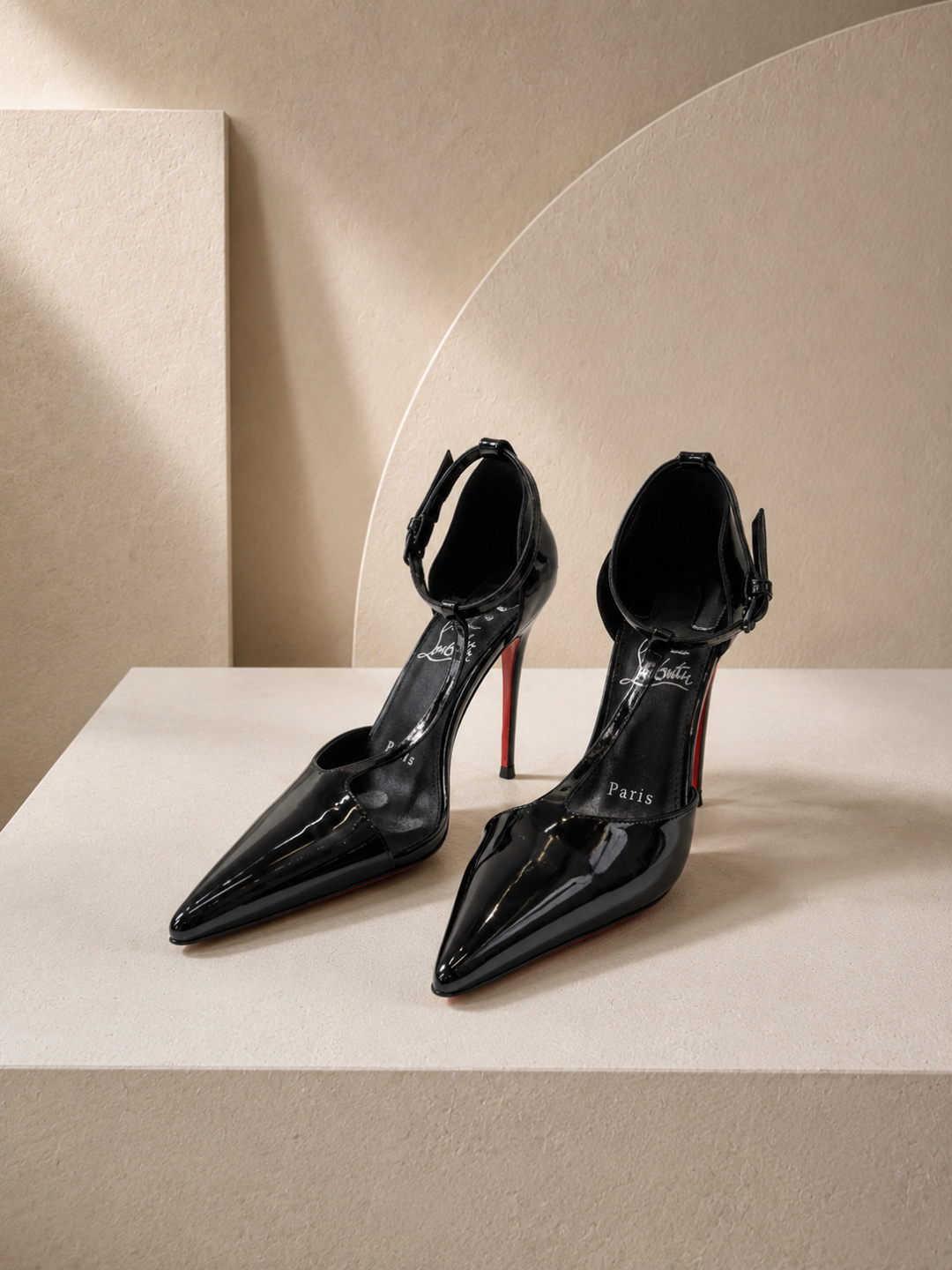 christian louboutin black patent ankle strap pumps