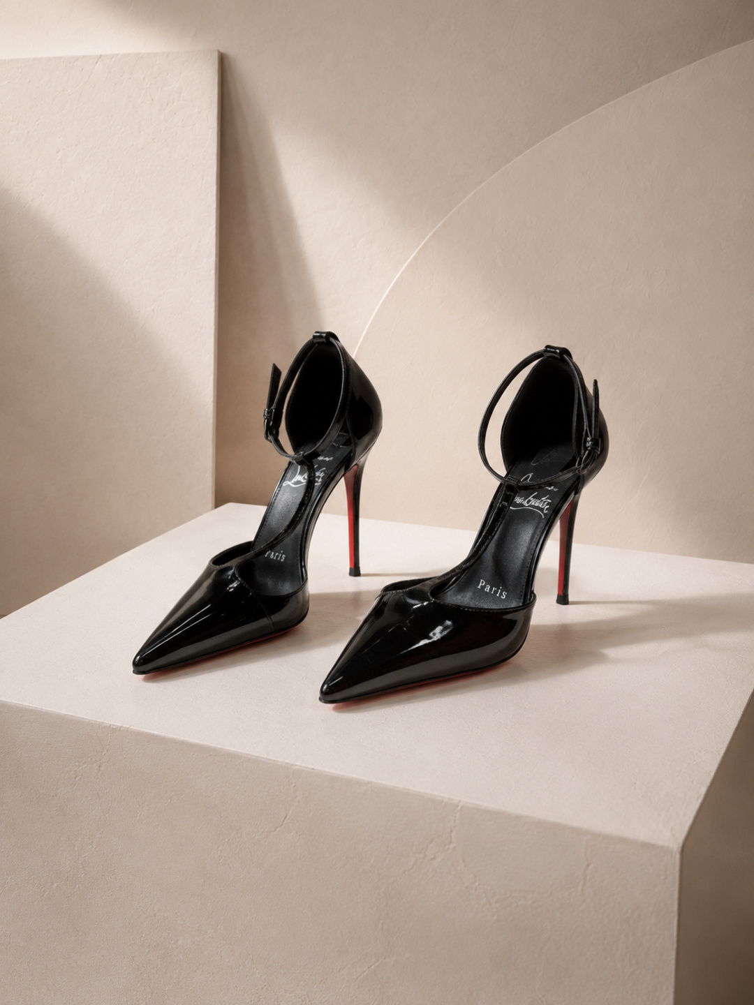 christian louboutin black patent ankle strap pumps