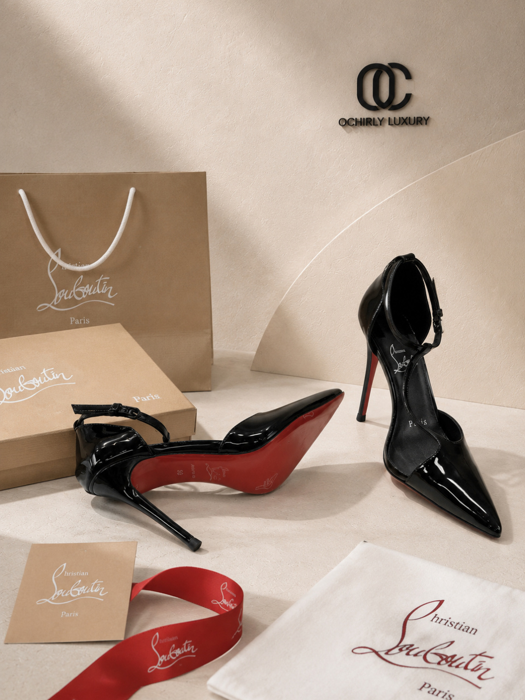 christian louboutin black patent ankle strap pumps
