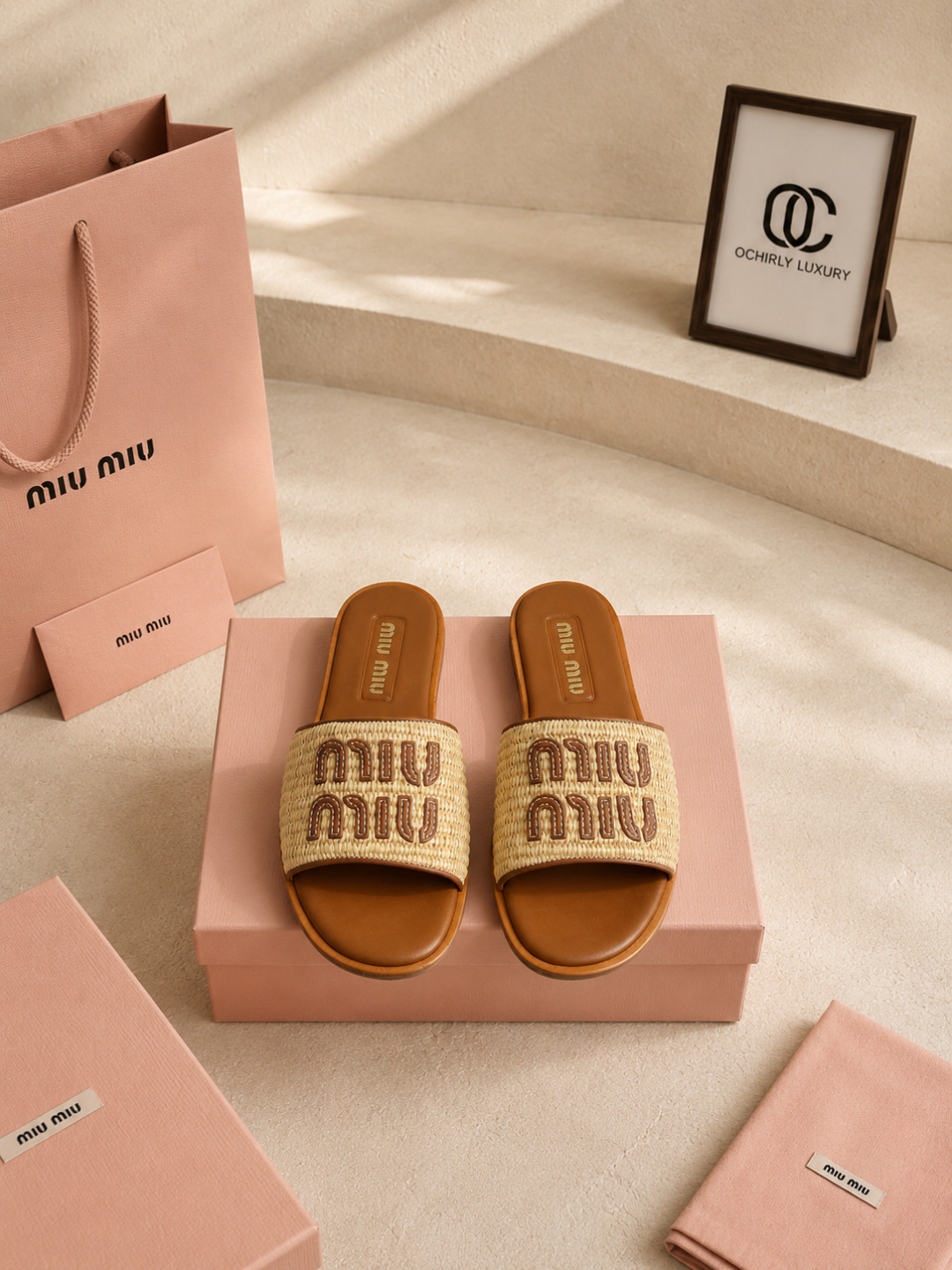 miu miu woven raffia logo slide sandals
