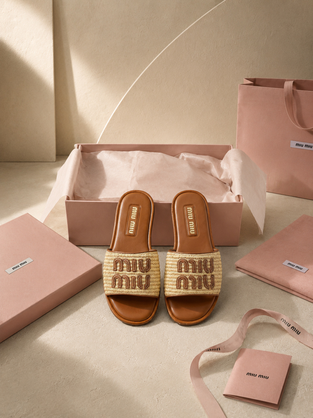 miu miu woven raffia logo slide sandals