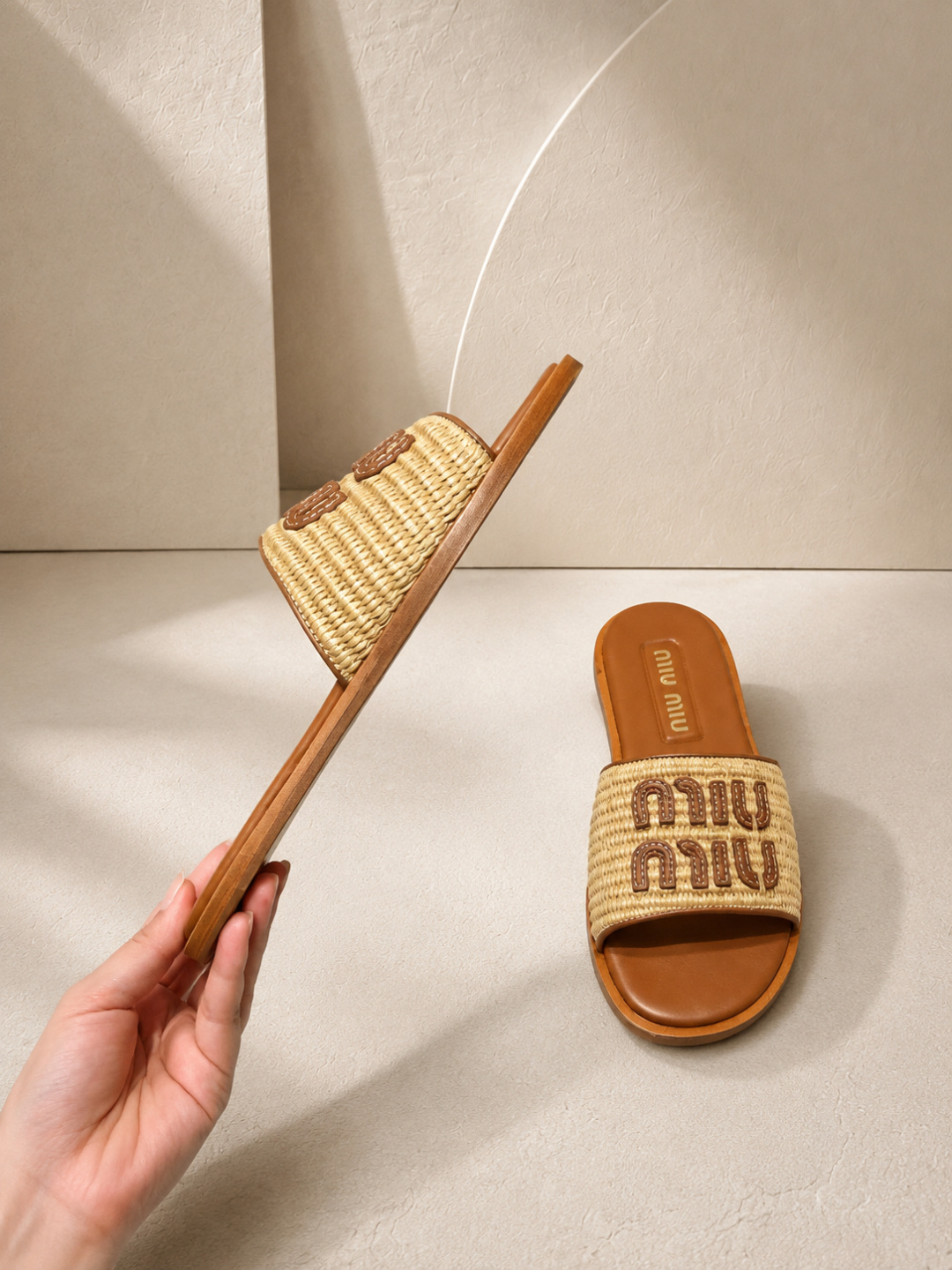 miu miu woven raffia logo slide sandals