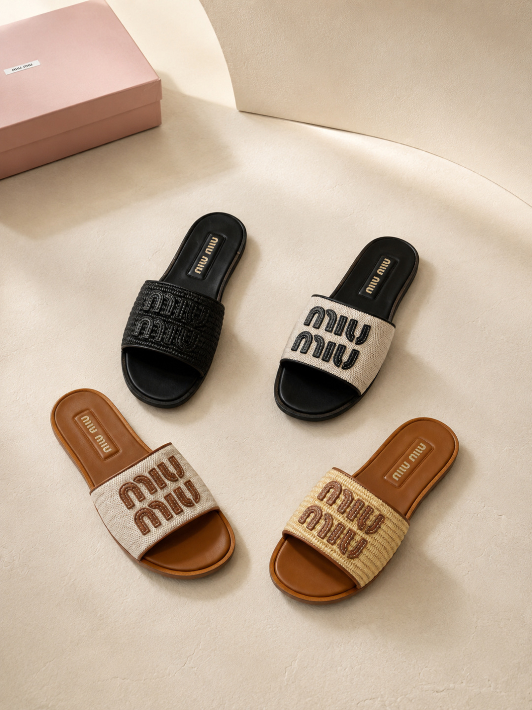 miu miu woven raffia logo slide sandals