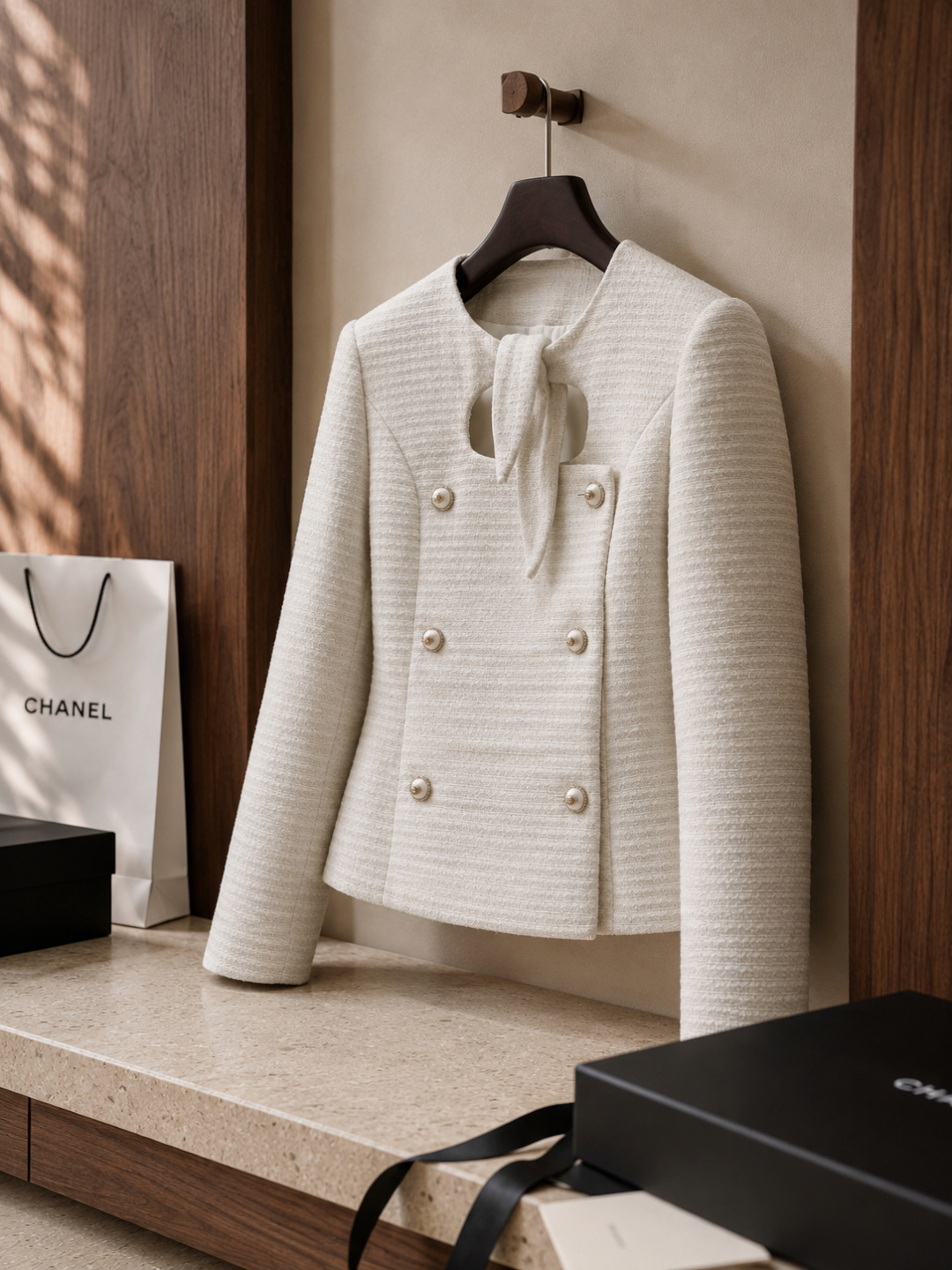 Chanel White Tweed Double‑Breasted Short Jacket