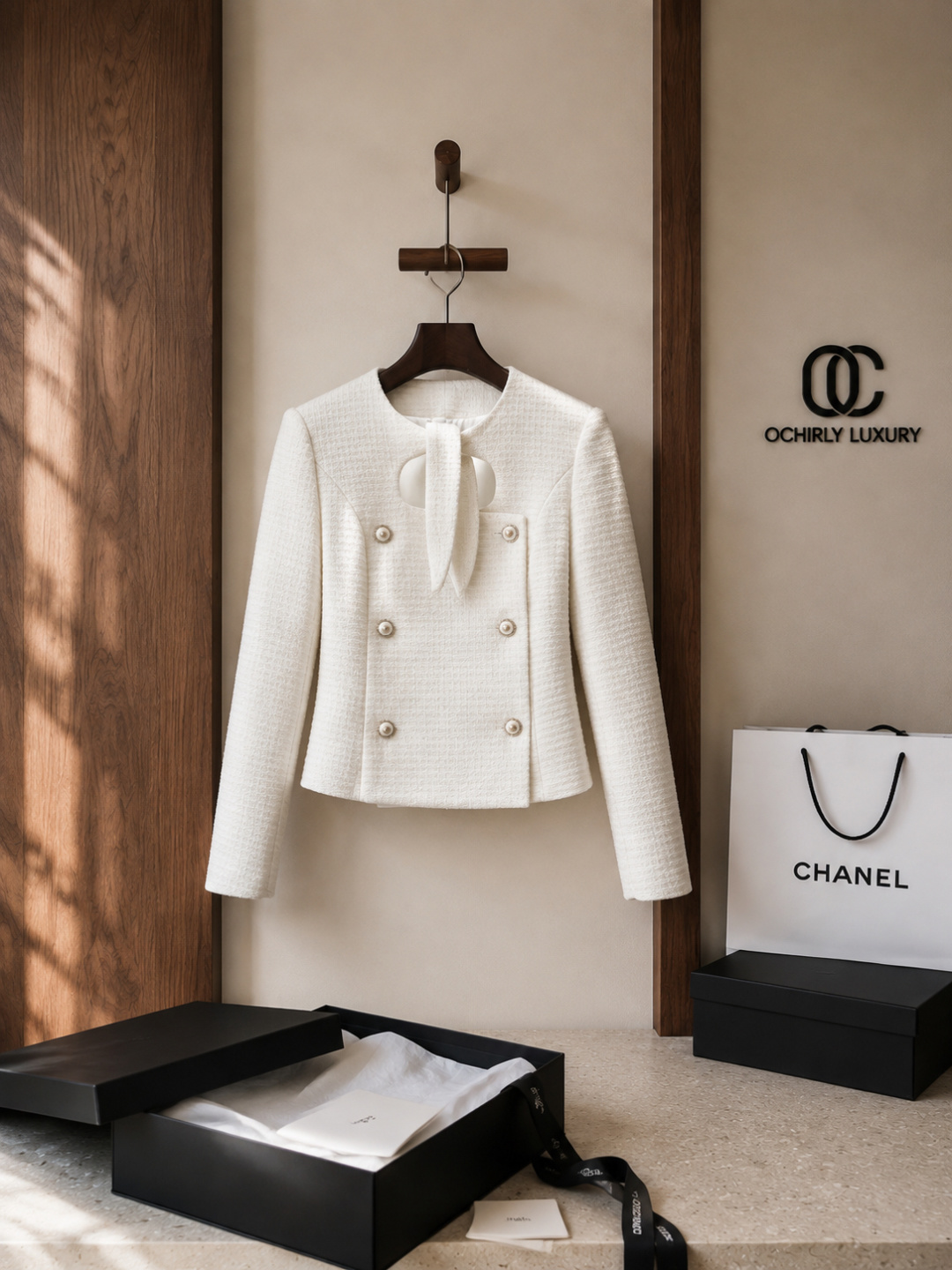 Chanel White Tweed Double‑Breasted Short Jacket