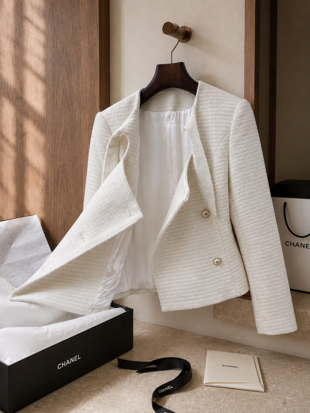 Chanel White Tweed Double‑Breasted Short Jacket