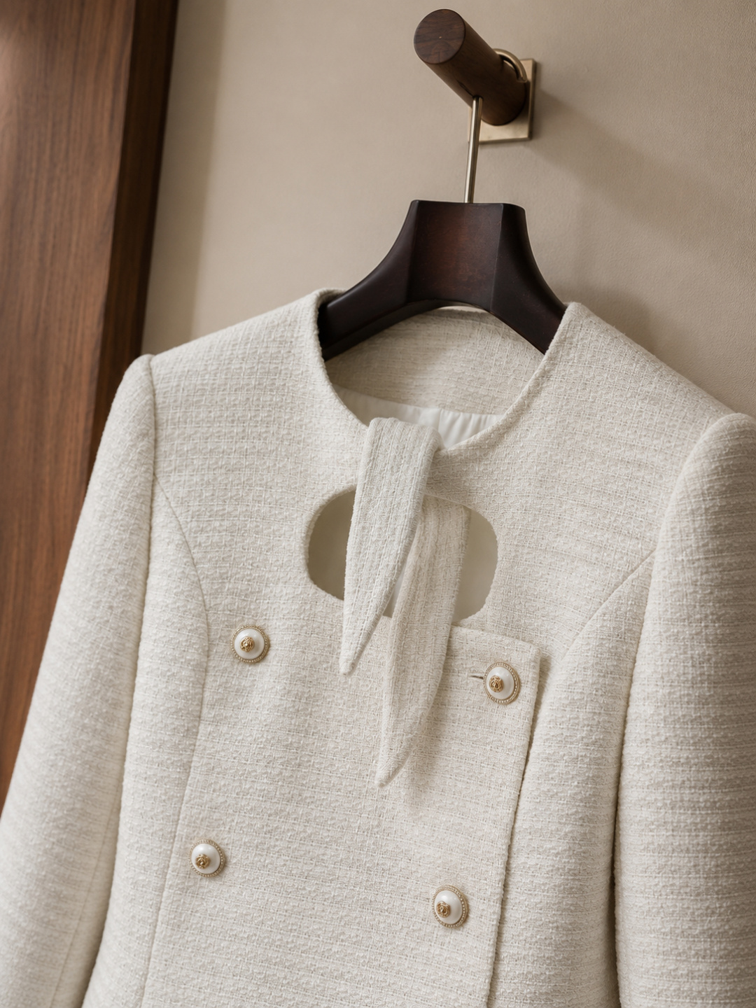 Chanel White Tweed Double‑Breasted Short Jacket