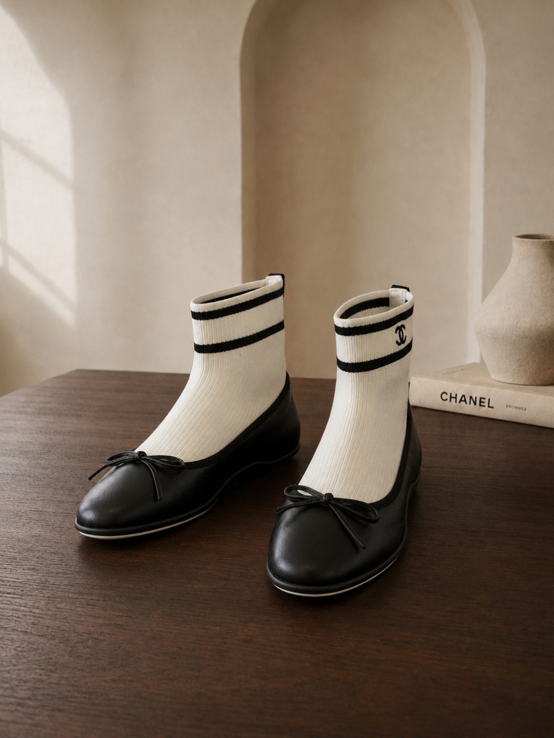 Chanel Sock‑Style Ankle Boots Leather Bow Ballet