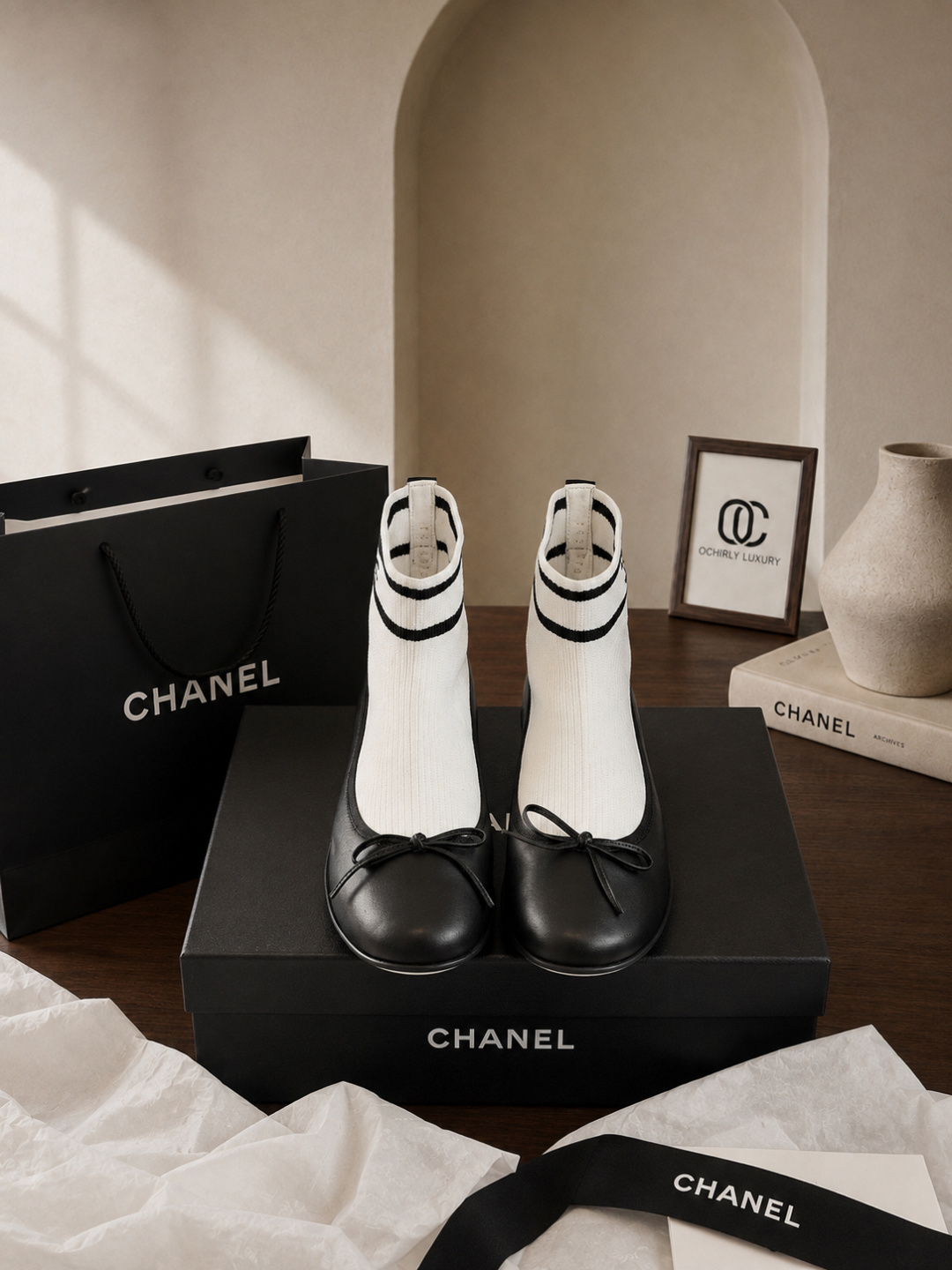 Chanel Sock‑Style Ankle Boots Leather Bow Ballet