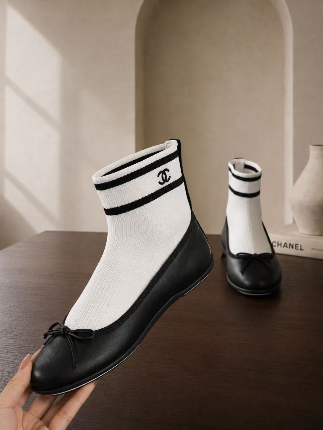 Chanel Sock‑Style Ankle Boots Leather Bow Ballet