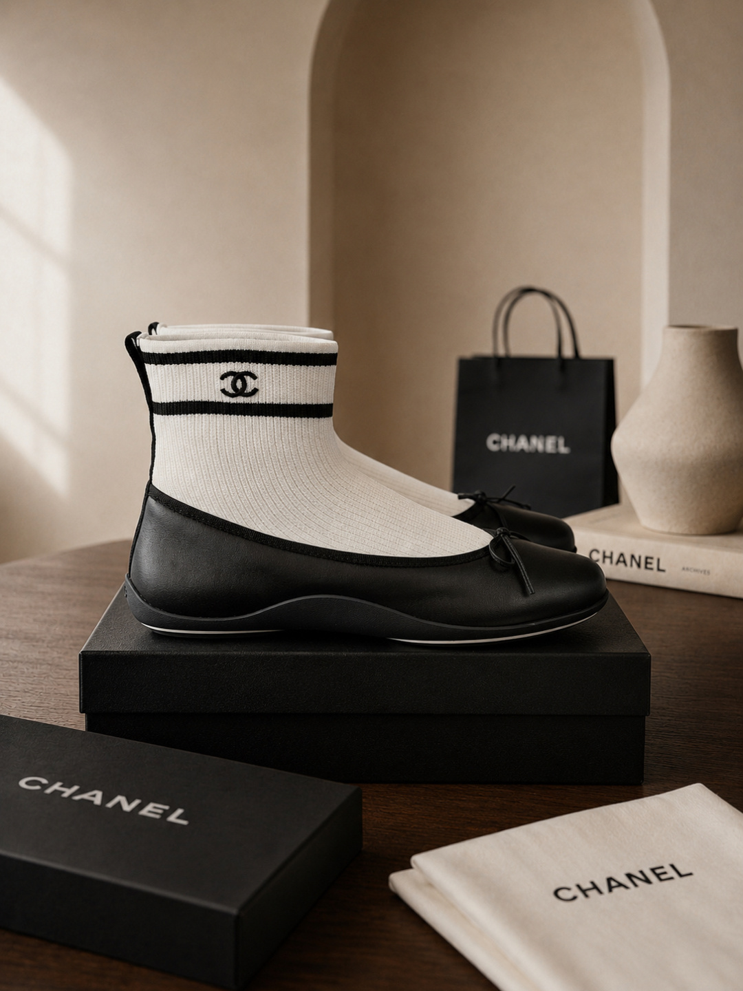 Chanel Sock‑Style Ankle Boots Leather Bow Ballet