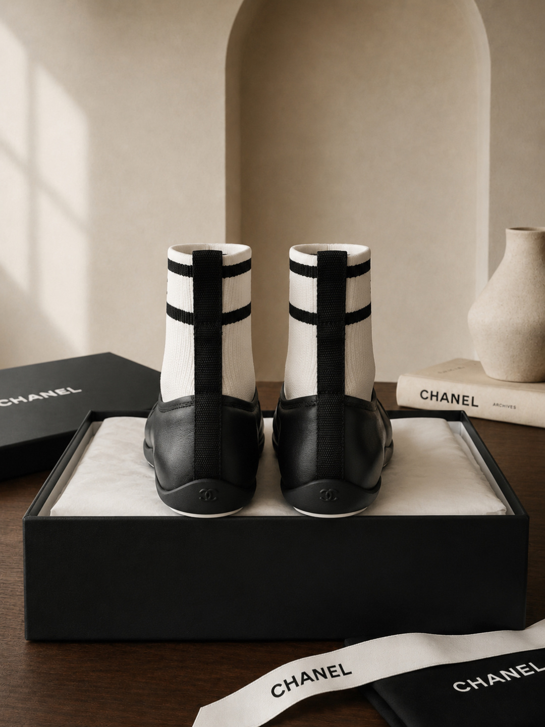 Chanel Sock‑Style Ankle Boots Leather Bow Ballet
