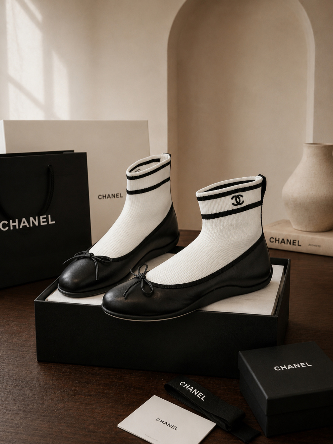 Chanel Sock‑Style Ankle Boots Leather Bow Ballet