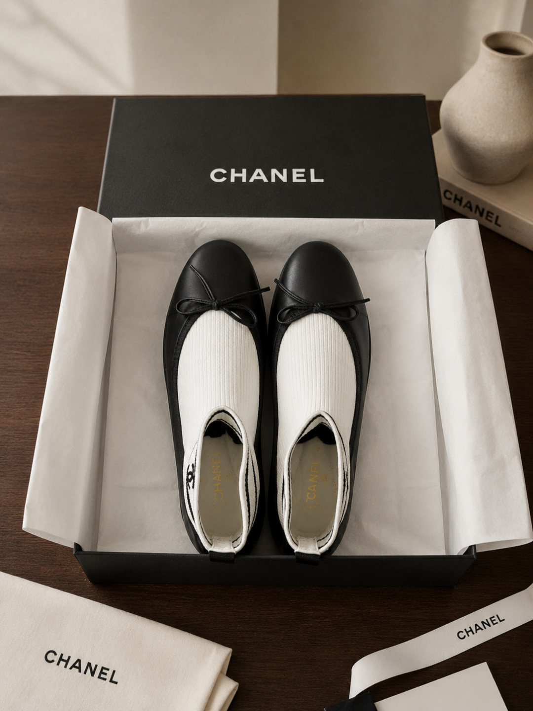 Chanel Sock‑Style Ankle Boots Leather Bow Ballet
