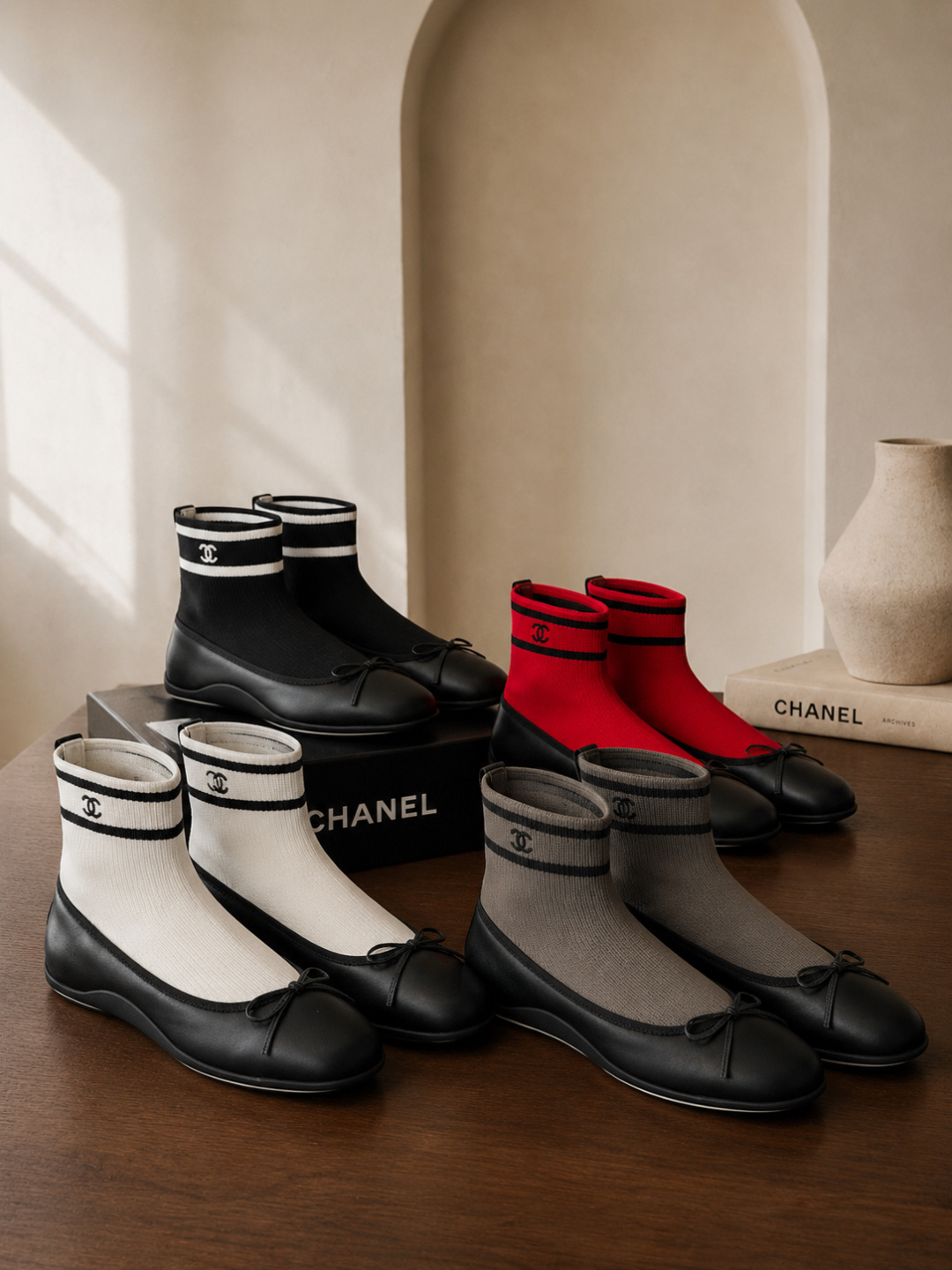 Chanel Sock‑Style Ankle Boots Leather Bow Ballet