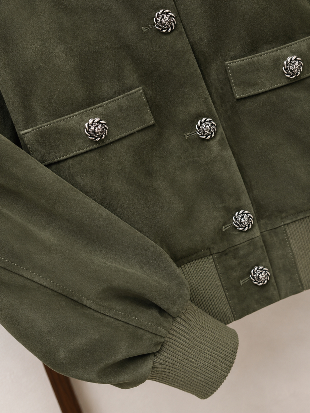 Chanel Olive‑Suede Camellia‑Button Bomber Jacket