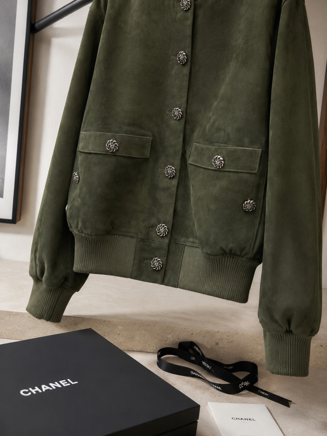 Chanel Olive‑Suede Camellia‑Button Bomber Jacket