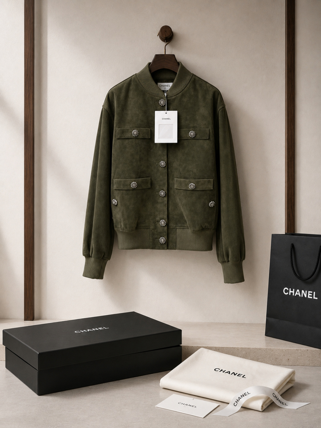 Chanel Olive‑Suede Camellia‑Button Bomber Jacket