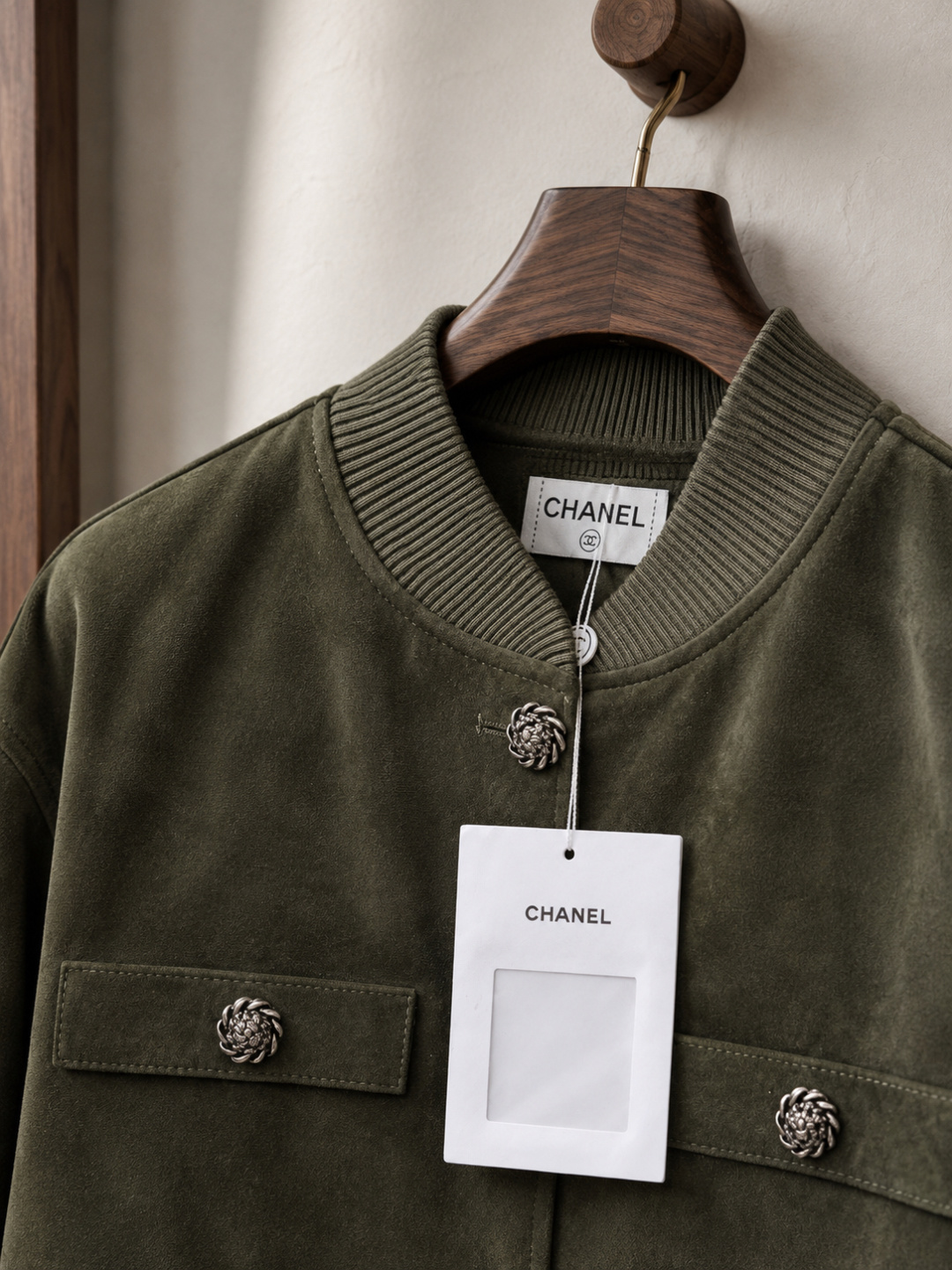 Chanel Olive‑Suede Camellia‑Button Bomber Jacket