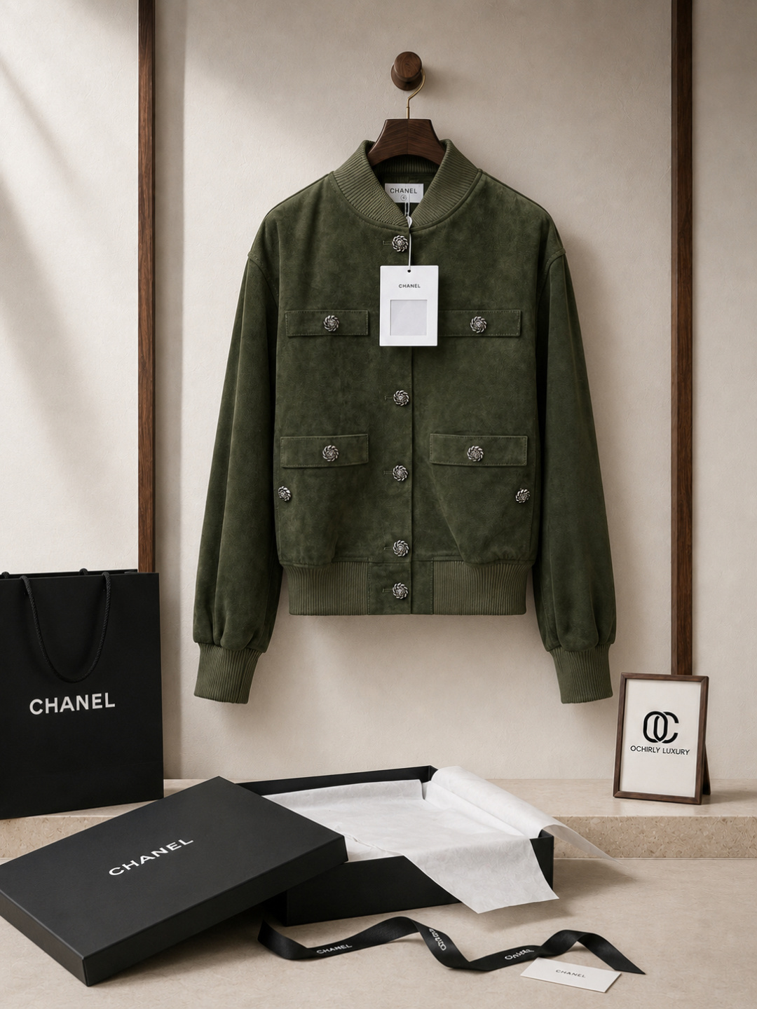 Chanel Olive‑Suede Camellia‑Button Bomber Jacket