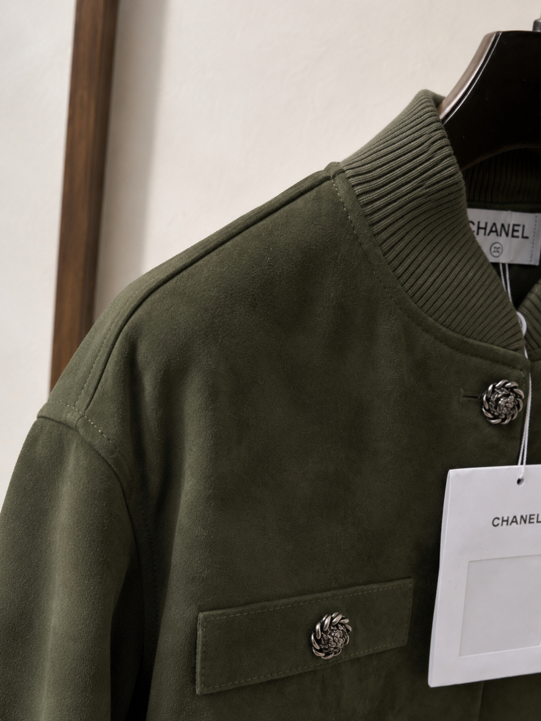 Chanel Olive‑Suede Camellia‑Button Bomber Jacket