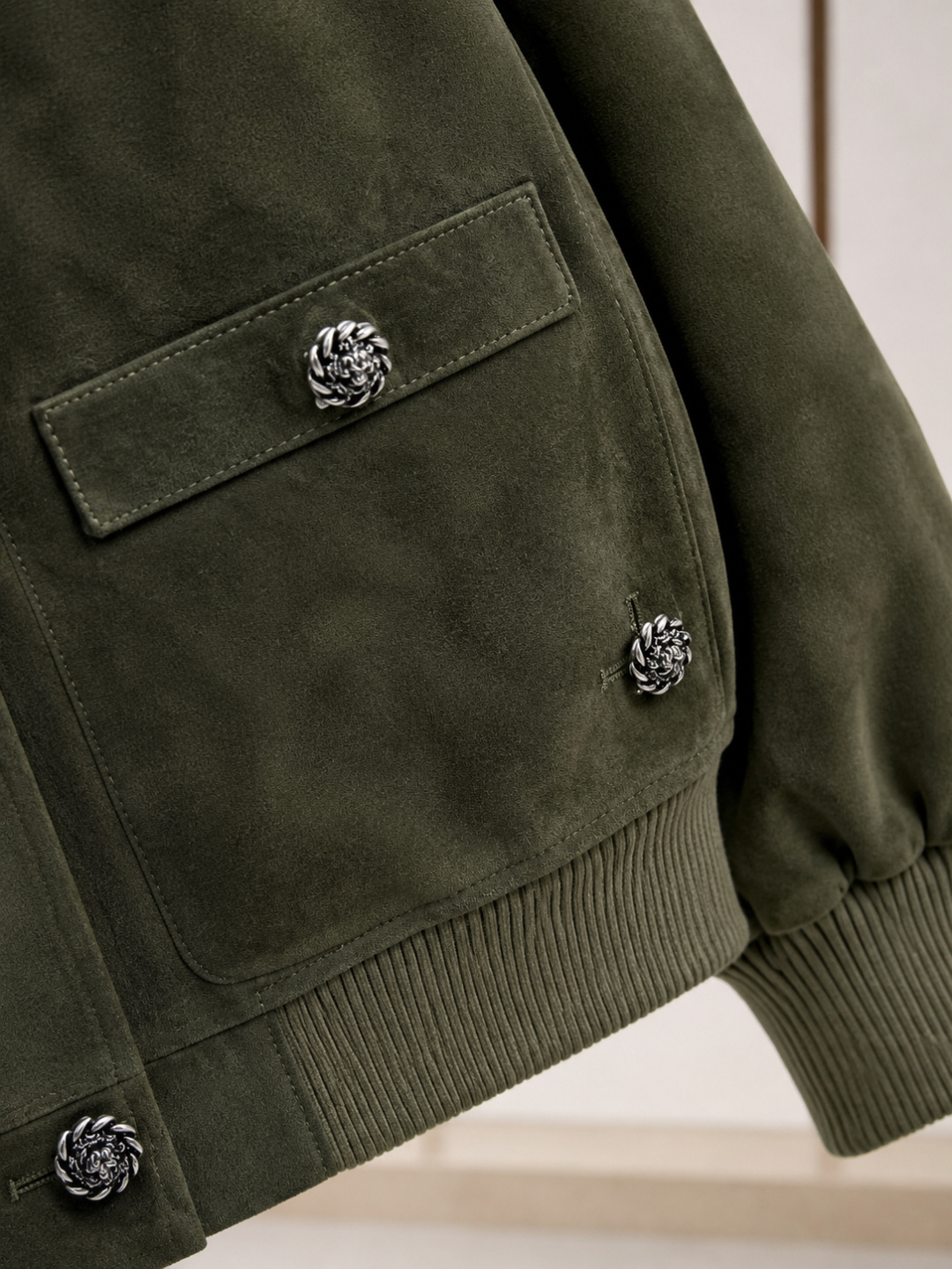 Chanel Olive‑Suede Camellia‑Button Bomber Jacket