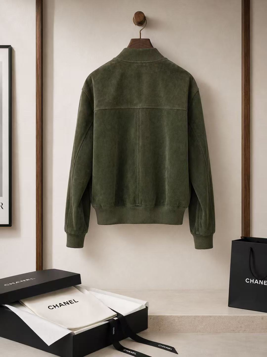 Chanel Olive‑Suede Camellia‑Button Bomber Jacket