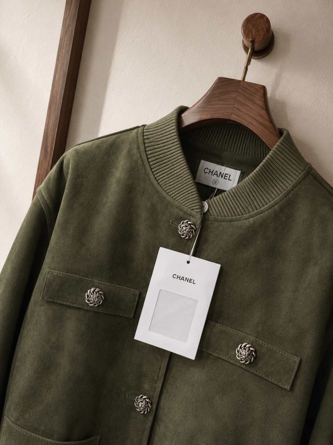 Chanel Olive‑Suede Camellia‑Button Bomber Jacket