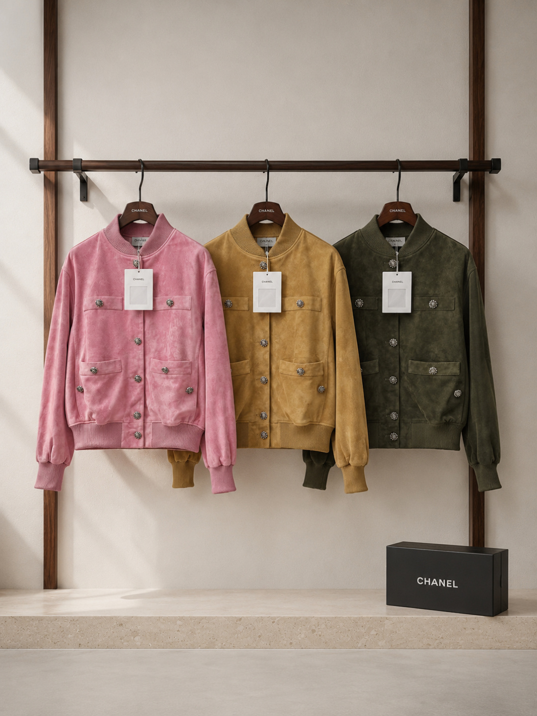 Chanel Olive‑Suede Camellia‑Button Bomber Jacket