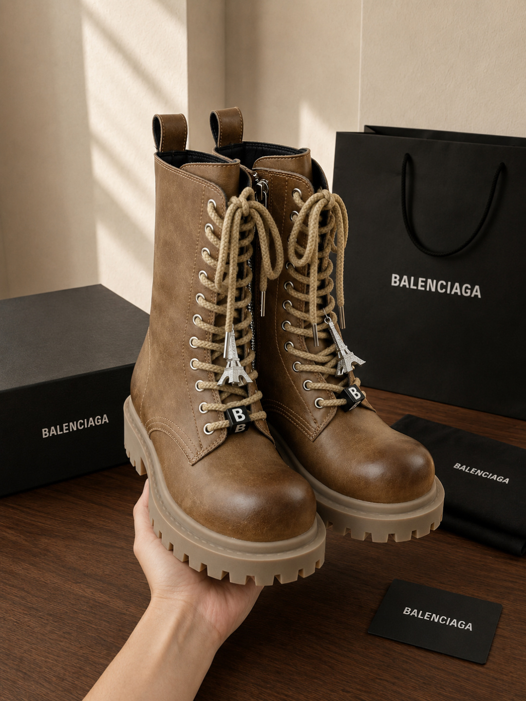 Balenciaga Brown Leather Chunky Combat Ankle Boots