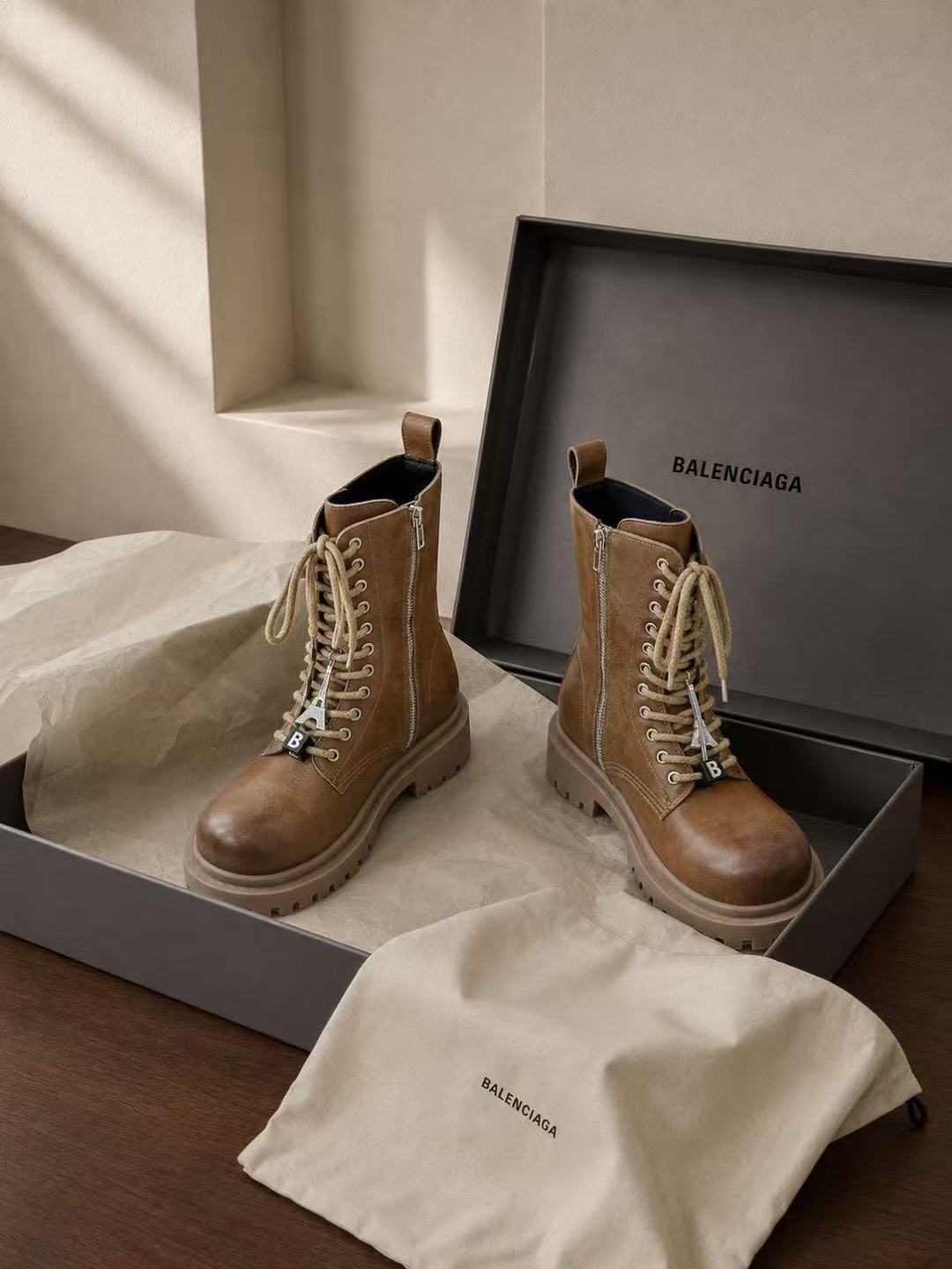 Balenciaga Brown Leather Chunky Combat Ankle Boots