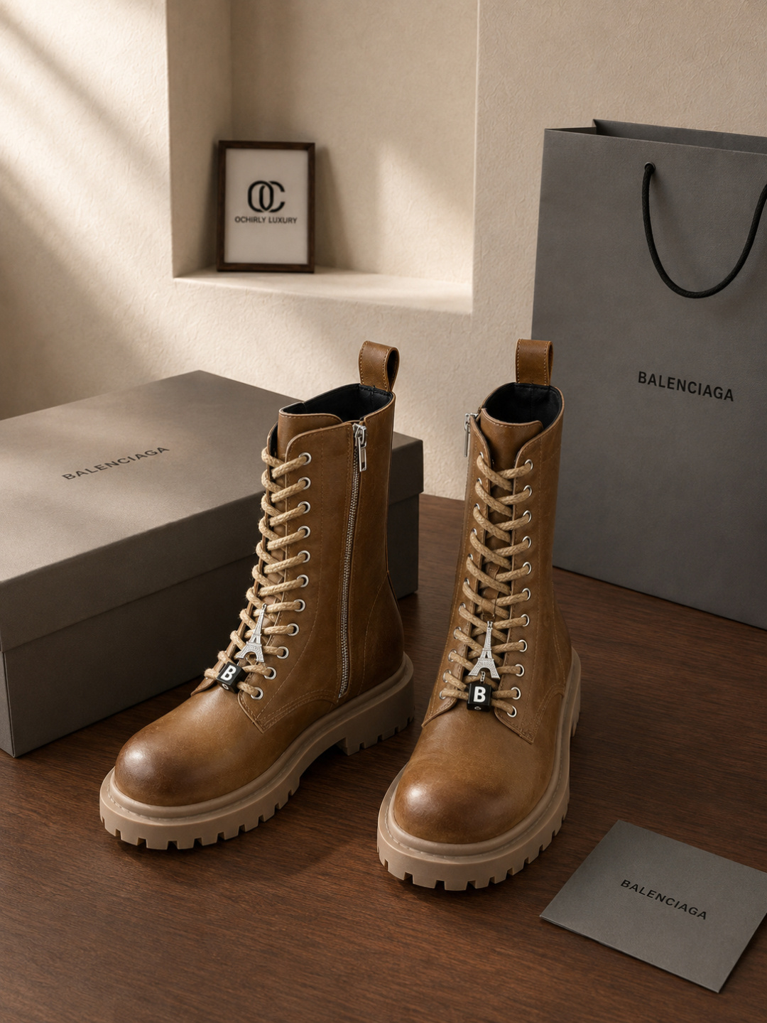 Balenciaga Brown Leather Chunky Combat Ankle Boots
