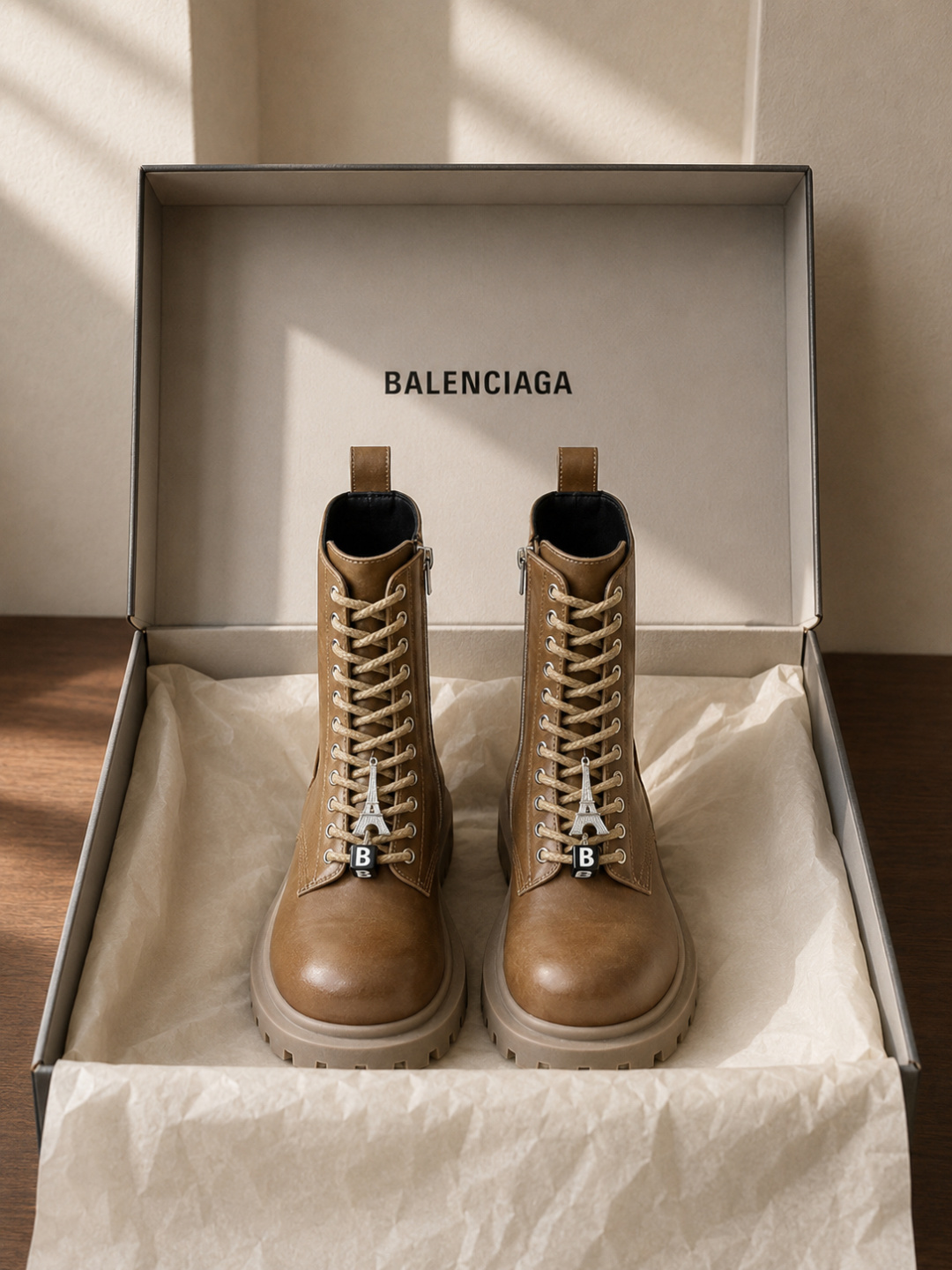 Balenciaga Brown Leather Chunky Combat Ankle Boots