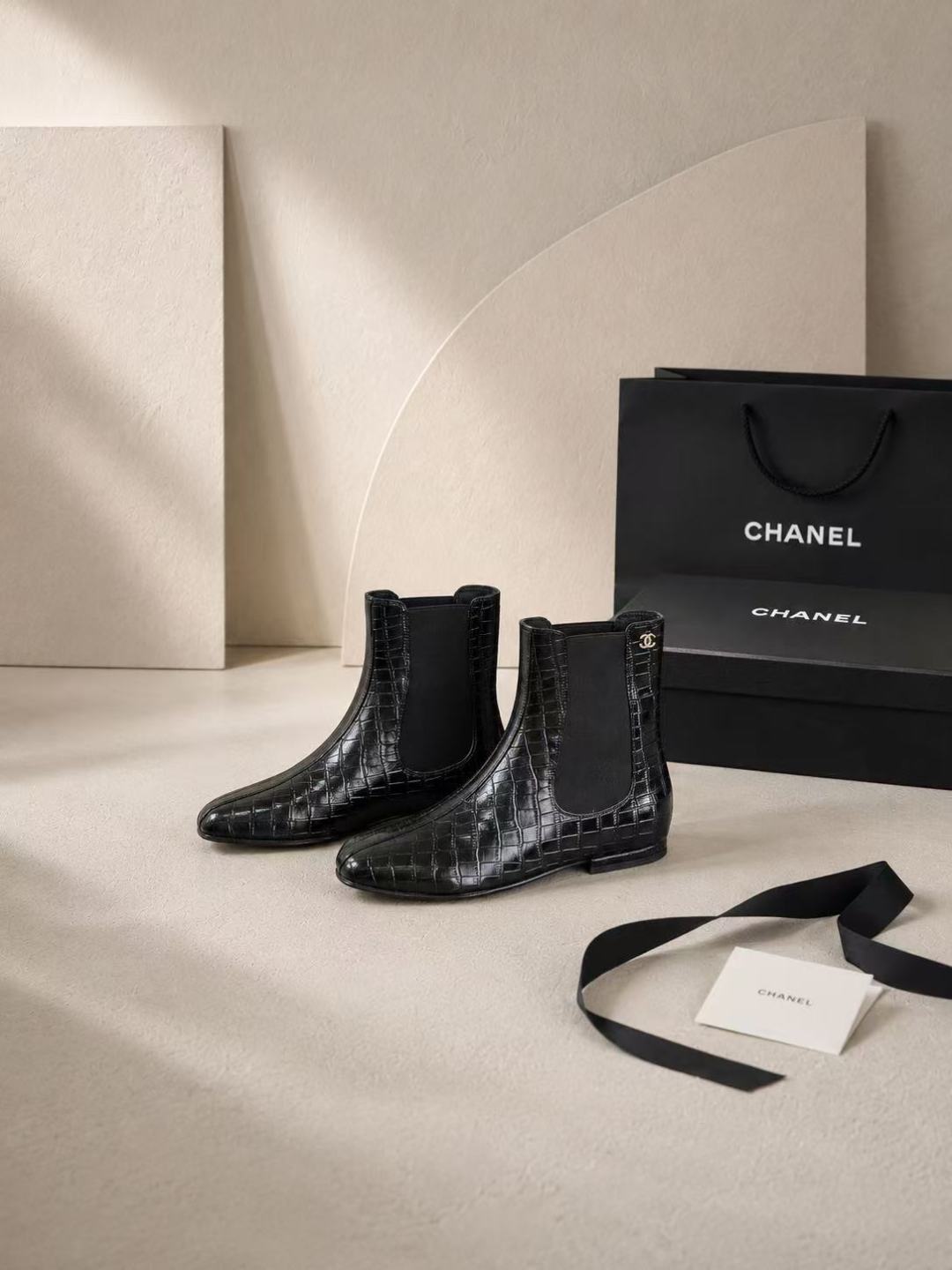 Chanel Black Croc‑Embossed Chelsea Ankle Boots