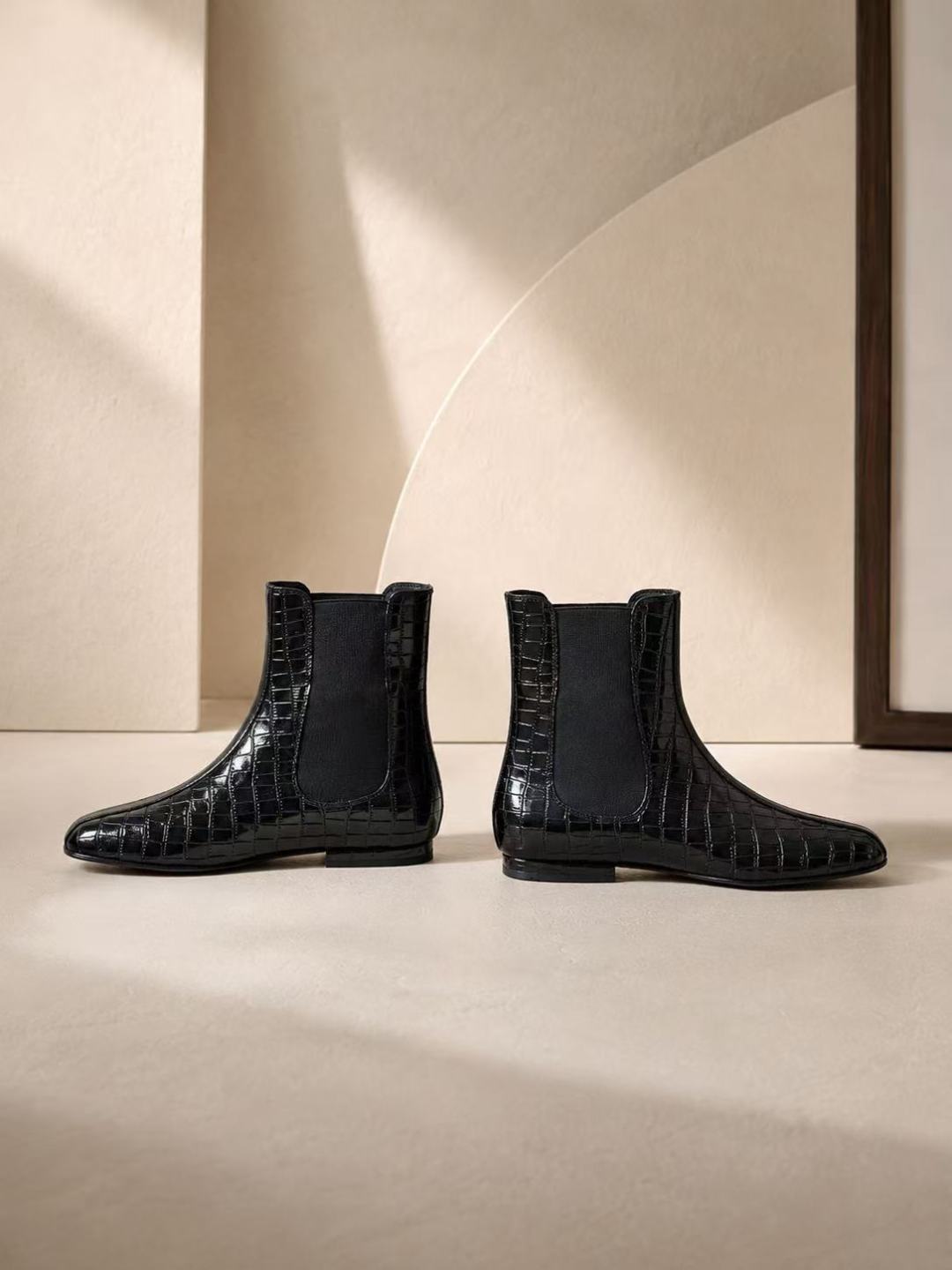 Chanel Black Croc‑Embossed Chelsea Ankle Boots