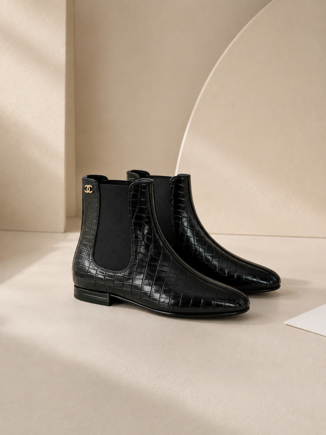 Chanel Black Croc‑Embossed Chelsea Ankle Boots