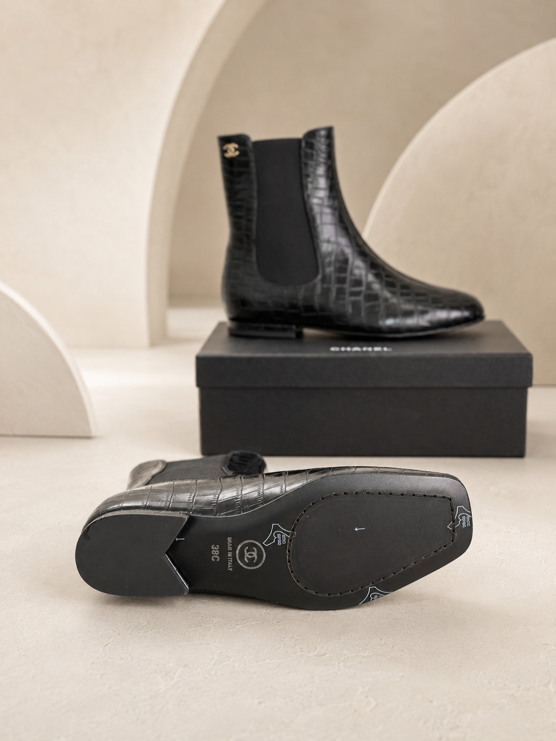 Chanel Black Croc‑Embossed Chelsea Ankle Boots